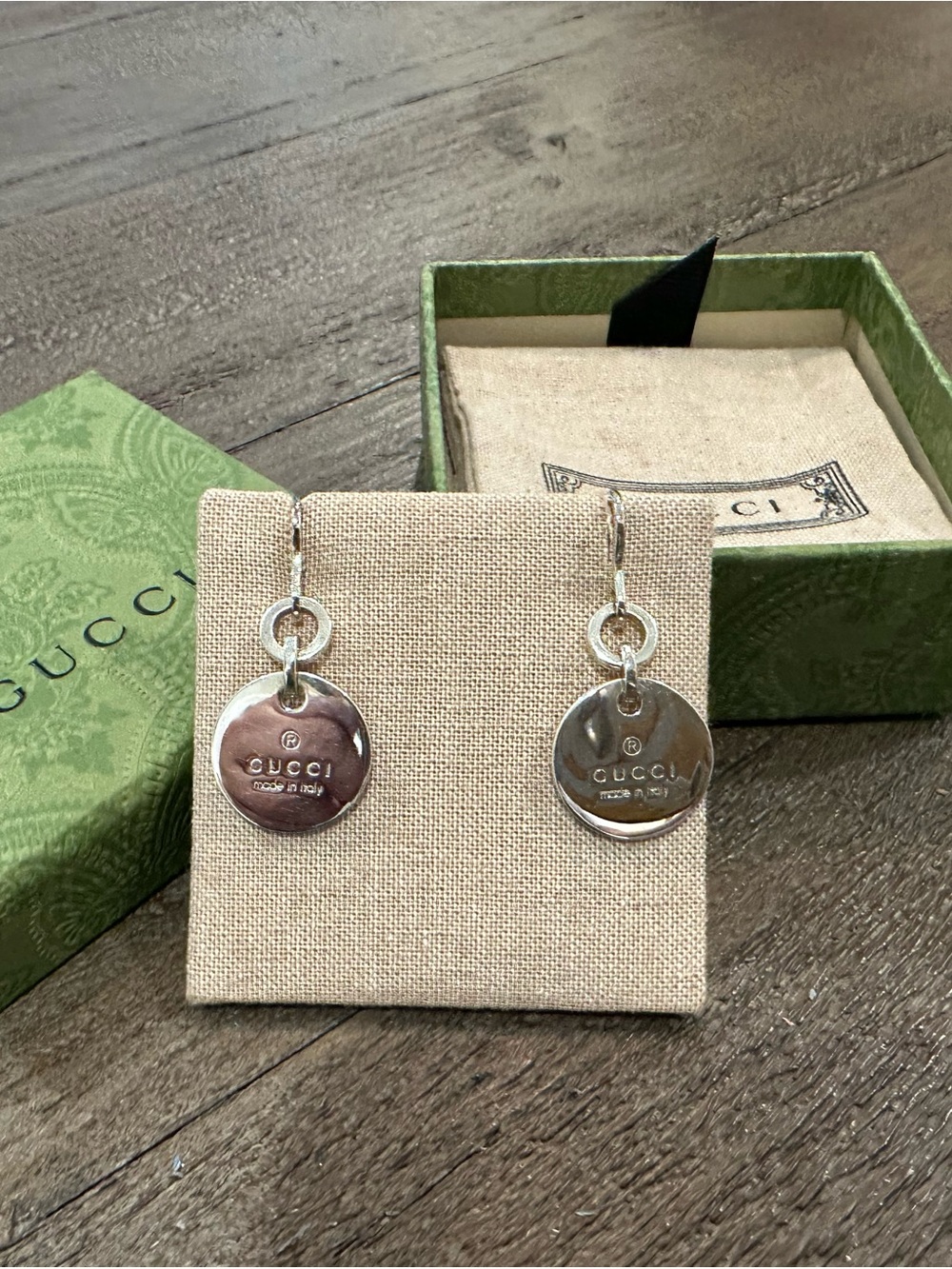 Gucci Silver Round Logo Drop Earrings